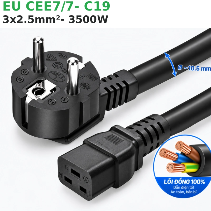 Cáp nguồn C19 16A lõi đồng 3x2.5mm² H05VV-F 300/500V cho Server, UPS - Phụ Kiện Điện Tử Việt Nam Cáp nguồn C19 3x2.5mm