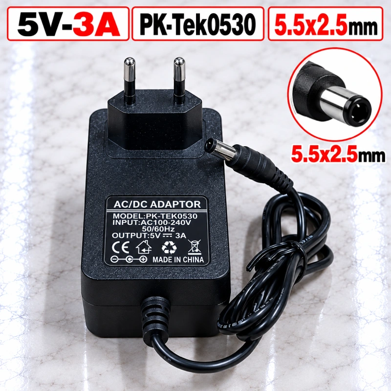 Nguồn Adapter 5V 3A 15W PK-Tek0530 cắm tường, Jack DC 5.5x2.5mm tương thích 5.5x2.1mm, phích EU/US - Phụ Kiện Điện Tử Việt Nam Nguồn DC 5V-3A PK-Tek0530 chân tròn