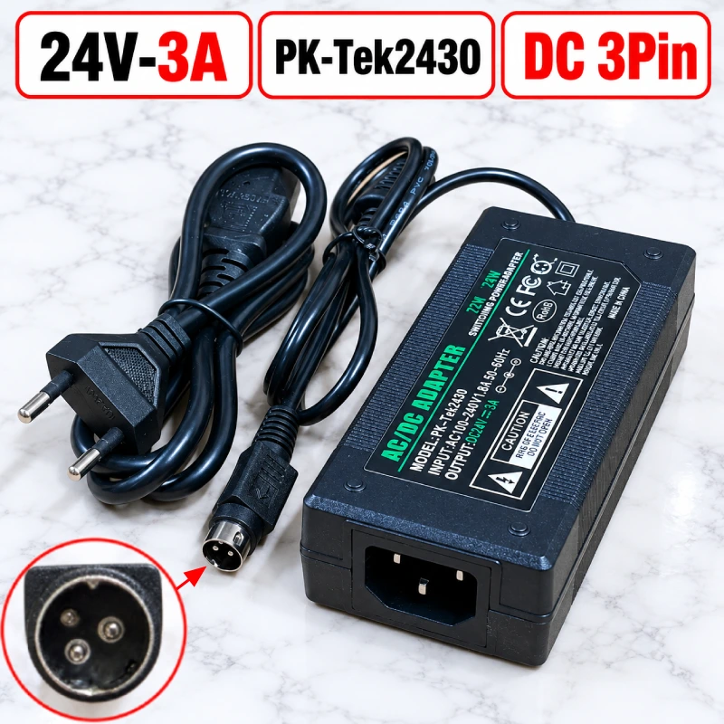 Nguồn DC Adapter 24V 3A Pk-Tek2430 chân DC 3pin 0